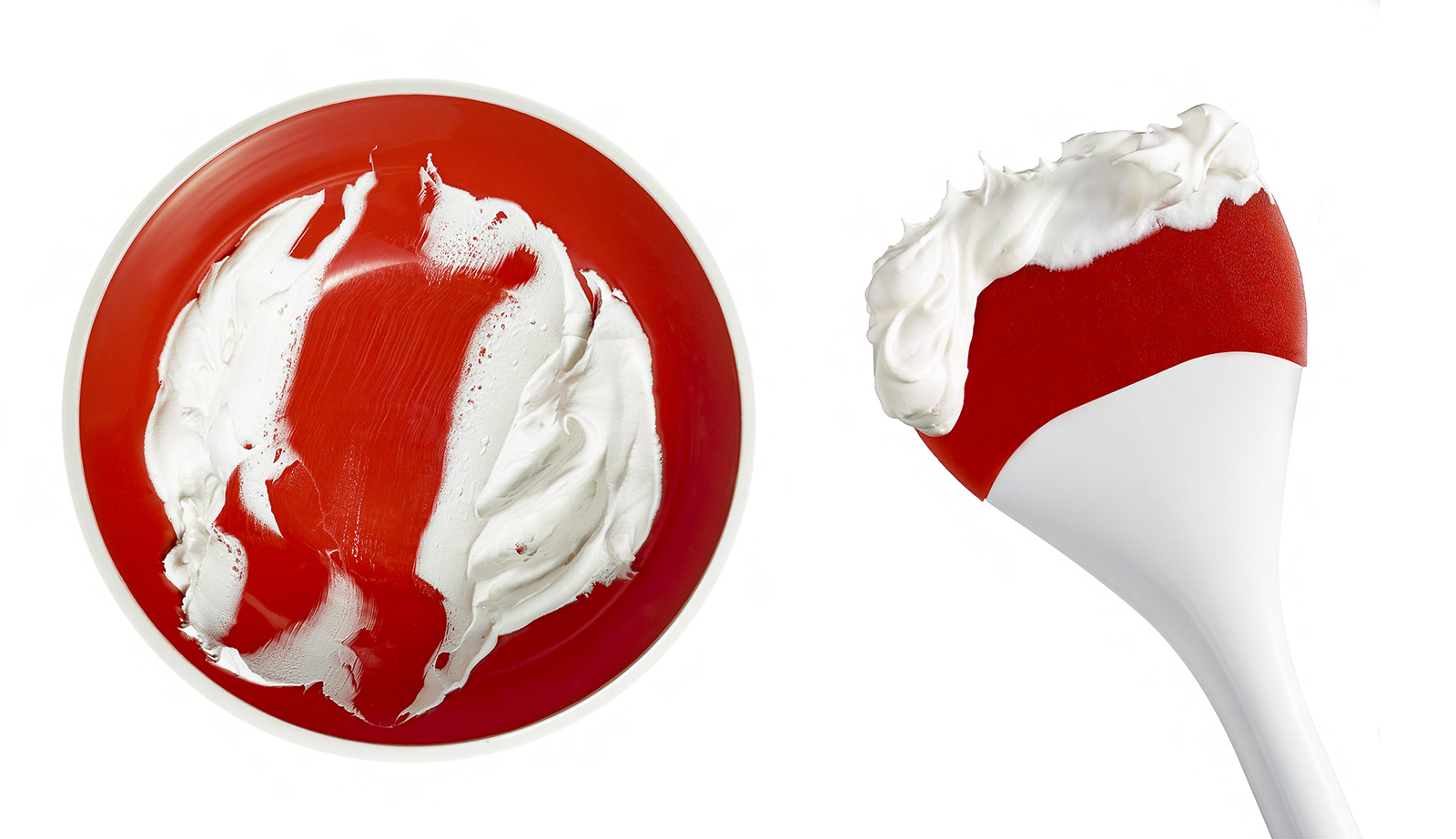 Whiped cream- creme fraiche- red bowl- red spatula